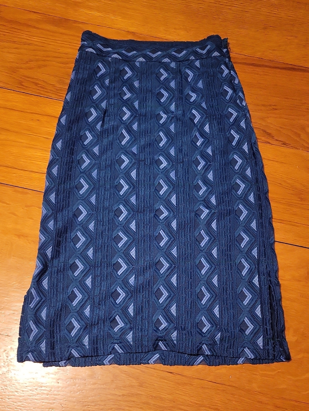 Anthropologie Navy And Teal Geometric Lace Pencil Skirt